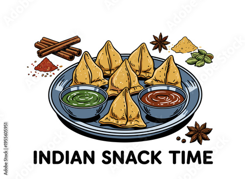 Indian snack samosa artwork. Traditional street food design. Spices and chutney vintage graphic. Samosa t shirt print. Restaurant menu poster.