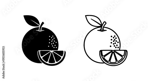 Vector illustration of orange fruit icon set, whole orange with leaf and a slice