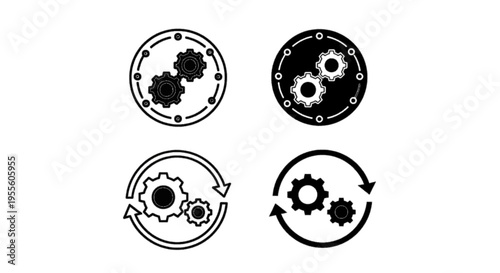 Vector illustration of set of gear icons, mechanical engineering and industrial process symbols