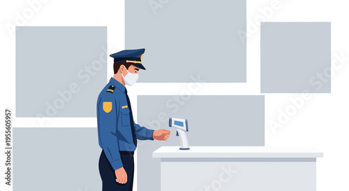 Security guard in mask checks temperature with infrared thermometer at checkpoint