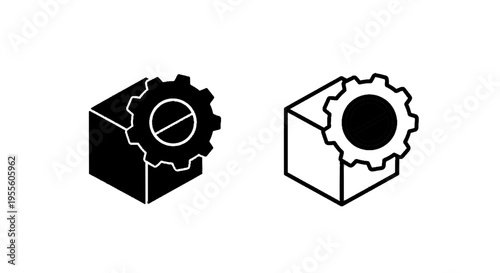Vector illustration of isometric box with gear icon representing product configuration or settings