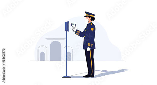 Security Guard in Uniform Checks Temperature at Entrance with Thermometer Gun