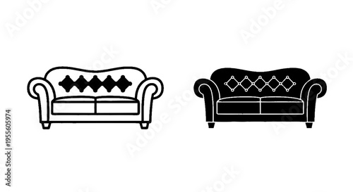 Vector illustration of set of two sofa icons, outline and solid style