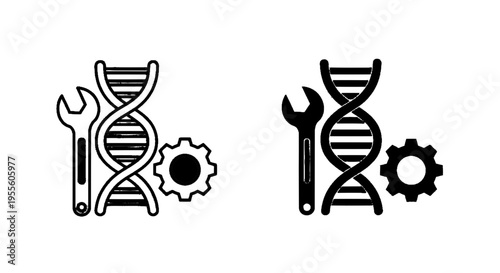 Vector illustration of dna genetic engineering icon set with wrench and gear