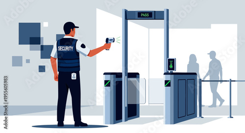 Security guard scanning person with thermal camera at airport gate, safety check