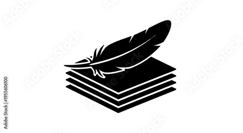 Vector illustration of feather quill pen resting on a stack of paper sheets