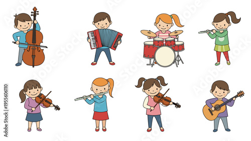 Talented young children playing various musical instruments including strings woodwinds and percussion in a music class.