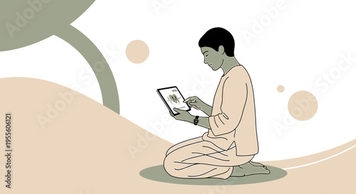 Person kneeling using a tablet device, digital learning, remote work, online education, technology concept
