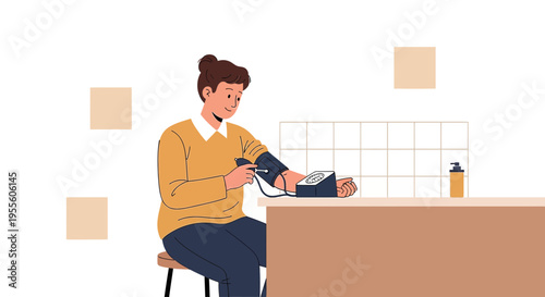 Person measuring blood pressure at home, health check, medical device