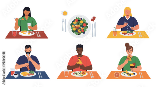 Diverse group of people enjoying different healthy meals at restaurant tables for dining and food service industry concepts.