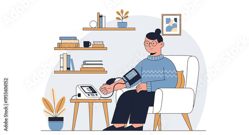 Person measuring blood pressure at home with digital monitor, health check