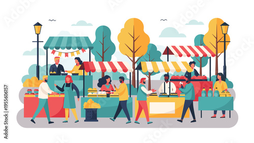 Vibrant street market scene with colorful striped stalls vendors and diverse customers shopping for fresh organic produce.