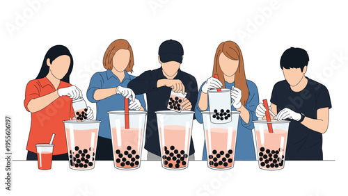 Illustration of a team of people preparing bubble tea drinks with tapioca pearls for beverage shop and cafe concepts.
