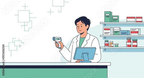 Pharmacist scanning medication with infrared thermometer at pharmacy counter