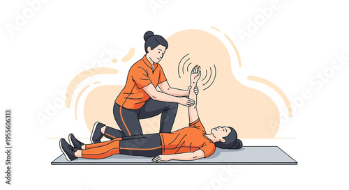 Physical therapist assisting patient with arm rehabilitation exercises on a mat