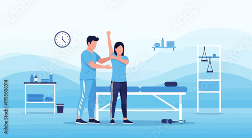 Physical therapist assisting patient with arm exercise, rehabilitation, and recovery in clinic