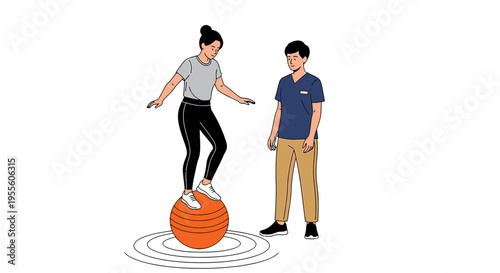 Physical therapist assisting patient with balance exercise on stability ball