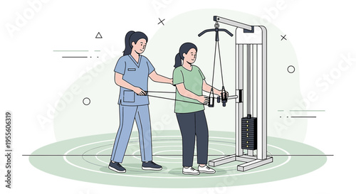 Physical therapist assisting patient with cable machine exercise for rehabilitation and strength training.