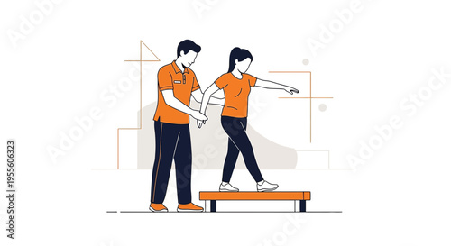 Physical therapist assisting patient with balance exercise on step, rehabilitation concept