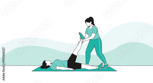 Physical therapist assisting patient with leg stretch on yoga mat, rehabilitation exercise