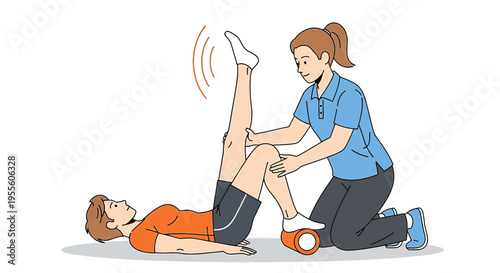 Physical therapist assisting patient with leg raise exercise for rehabilitation