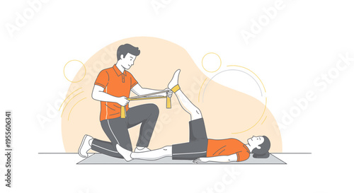 Physical therapist assisting patient with leg stretching exercise on mat