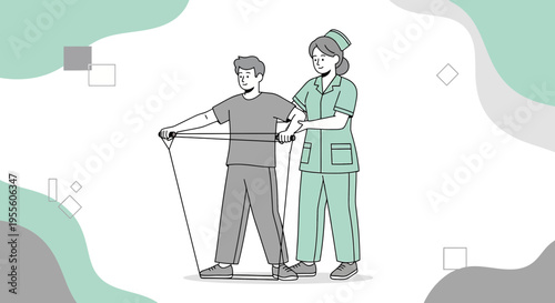 Physical therapist assisting patient with resistance band exercise for shoulder rehabilitation