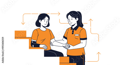 Physical therapist assisting patient with rehabilitation exercises on stairs