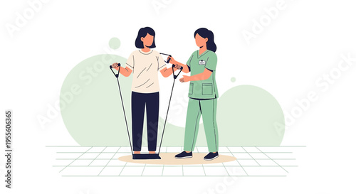 Physical therapist assisting patient with resistance band exercise for rehabilitation