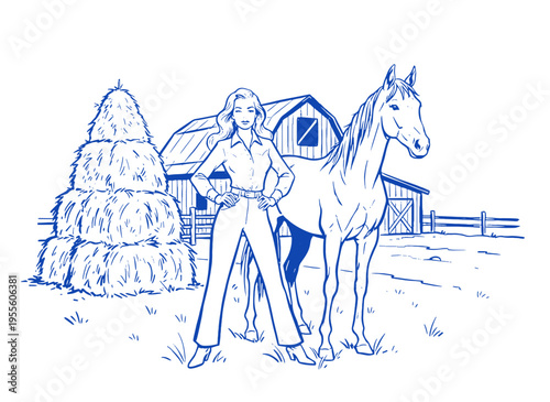 Cowgirl with horse vintage artwork for t shirt. Farm life illustration for apparel. Western ranch design. Country girl poster. Horse barn artwork.
