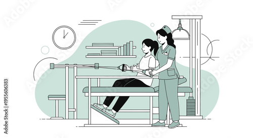 Physical therapist assisting patient with rowing machine exercise for rehabilitation