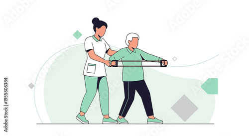 Physical therapist assisting senior man with resistance band exercise for rehabilitation