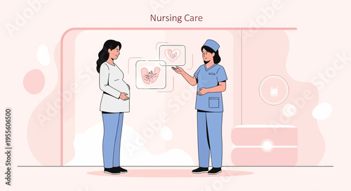 Pregnant Woman Consults Nurse About Fetal Ultrasound Scan, Maternity Healthcare Concept