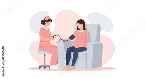 Pregnant woman having blood pressure checked by nurse during checkup