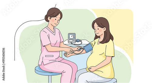Pregnant woman having blood pressure checked by nurse during prenatal checkup