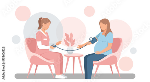 Pregnant woman having blood pressure checked by nurse in clinic, prenatal care concept