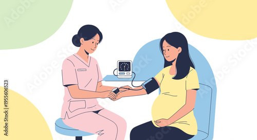 Pregnant woman having blood pressure checked by nurse during prenatal visit
