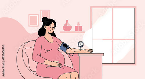 Pregnant Woman Measuring Blood Pressure at Home, Pregnancy Health Check