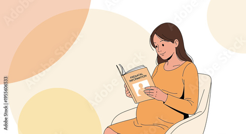 Pregnant woman reading a book about pregnancy, sitting in a chair, soft background