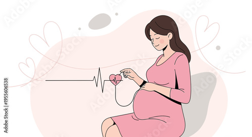 Pregnant Woman in Pink Dress with Heartbeat Line and Heart Symbol
