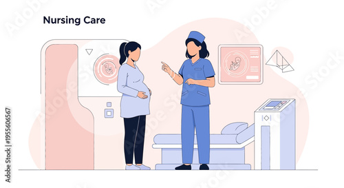 Pregnant woman receives nursing care and medical consultation in a modern clinic