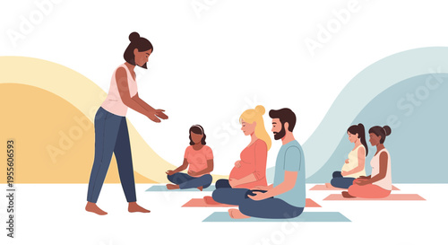 Pregnant women and partners attend yoga class led by instructor