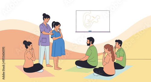 Pregnant Yoga Class: Instructor Guides Expectant Mothers and Partners in Prenatal Exercise