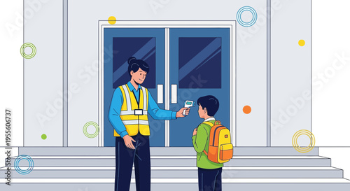 School staff checks student's temperature with infrared thermometer at entrance