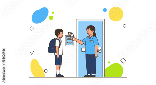School student getting temperature checked by staff at entrance, health screening, back to school concept