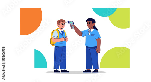 School student getting forehead temperature check with infrared thermometer by staff member