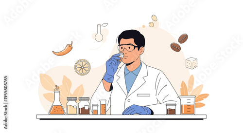 Scientist analyzing aroma of coffee beans and fruits in laboratory