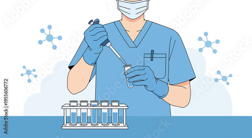 Scientist conducts laboratory research with test tubes and pipette, virus particles illustration