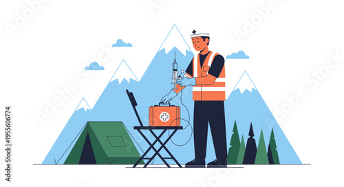 Scientist conducting research in a remote mountain camp with medical equipment