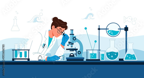 Scientist examining sample under microscope in laboratory, research and development concept
